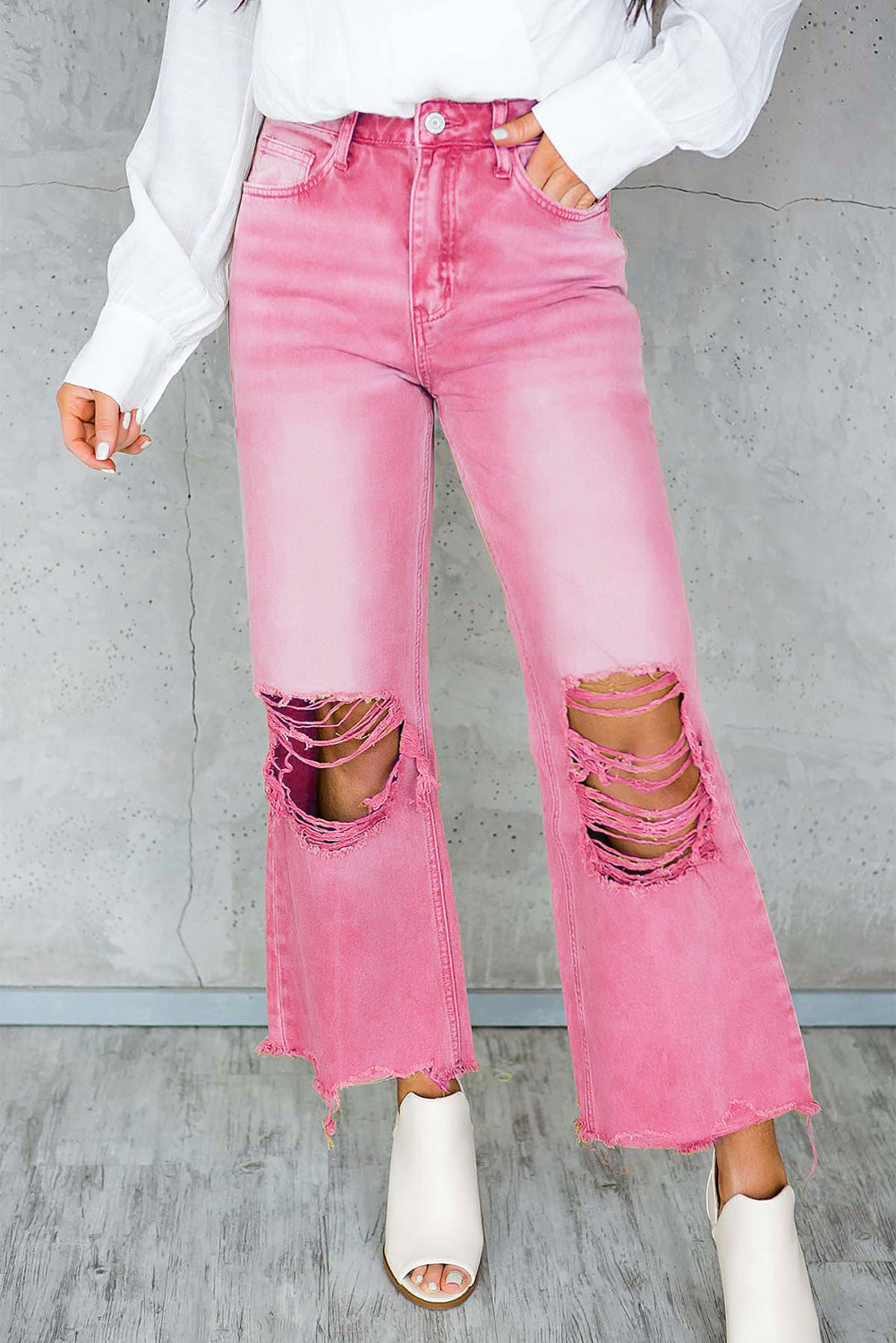 Peach Blossom Distressed Hollow-out High Waist Cropped Flare Jeans Peach Blossom 100%Cotton All In Stock Best Sellers bottoms clothes Color Pink Craft Distressed Craft Washed EDM Monthly Recomend Fabric Denim Jeans Occasion Daily Print Solid Color Season Spring Silhouette Wide Leg Style Southern Belle Women's Bottoms