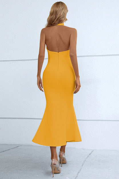 Halter Neck Split Fishtail Bodycon Cutout Midi Dress