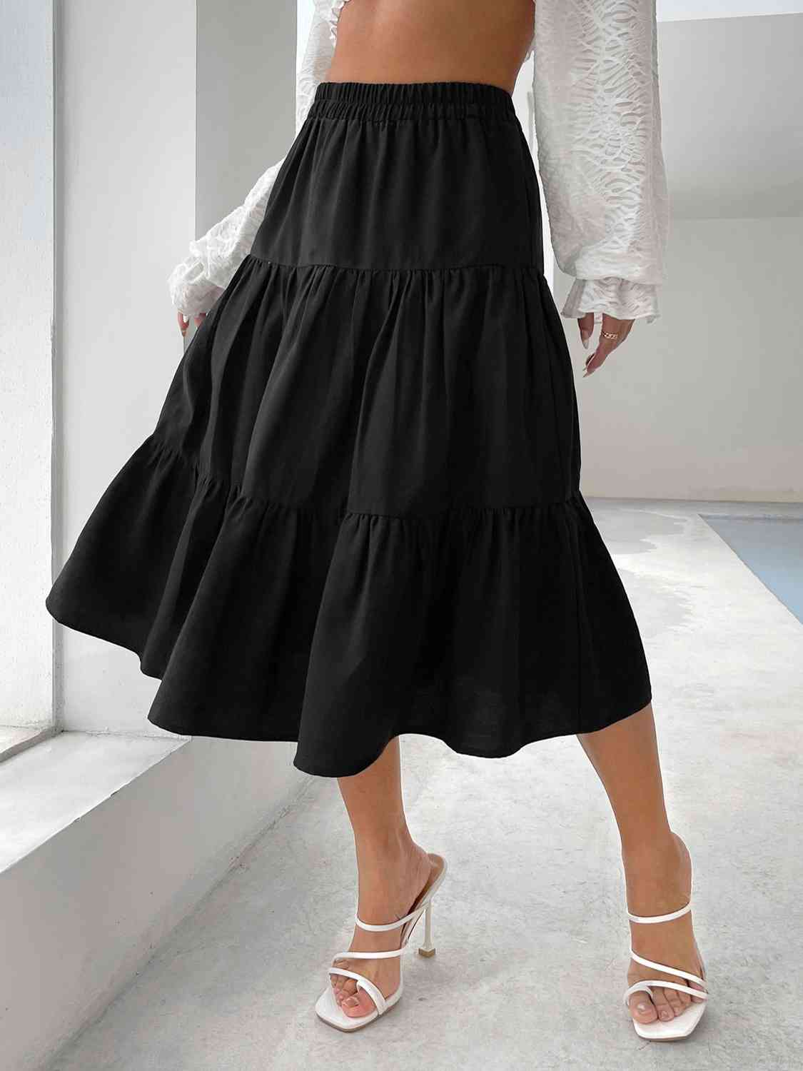 Tiered Midi Skirt Black bottoms clothes clothing midi skirts Ship From Overseas skirt skirts Women's Bottoms Z&H