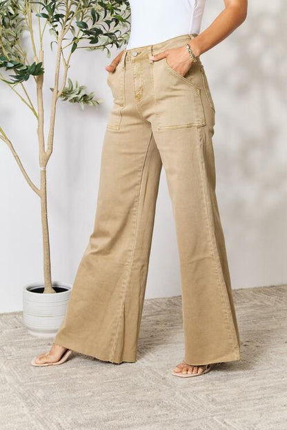 BAYEAS Raw Hem Wide Leg  Khaki Jeans