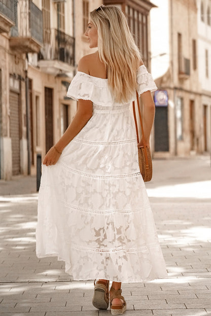 White Off-the-shoulder Ruffled Lace Maxi Dress