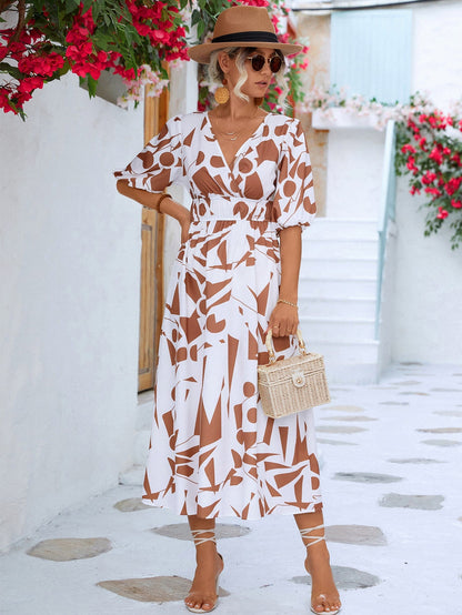 Printed Surplice Balloon Sleeve Dress Brown/White casual dress casual dresses clothes dress dresses midi dress midi dresses Ship From Overseas YO