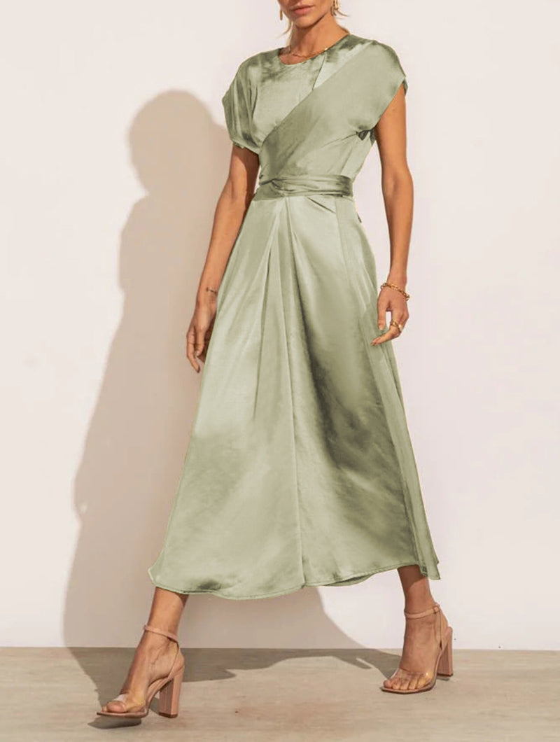 Juliet Cross Sashes Solid Satin O-Neck Sleeveless Long Dress