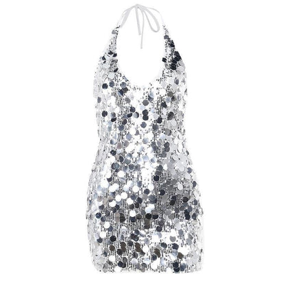 Victoria Halter V Neck Sleeveless Sequins Mini Dress