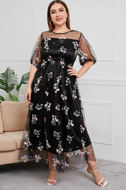 Plus Size Layered Mesh Round Neck Maxi Dress Black casual dress casual dresses clothes dress dresses maxi dress maxi dresses midi dress midi dresses Mosa Ship From Overseas Shipping Delay 10/01/2023 - 10/03/2023
