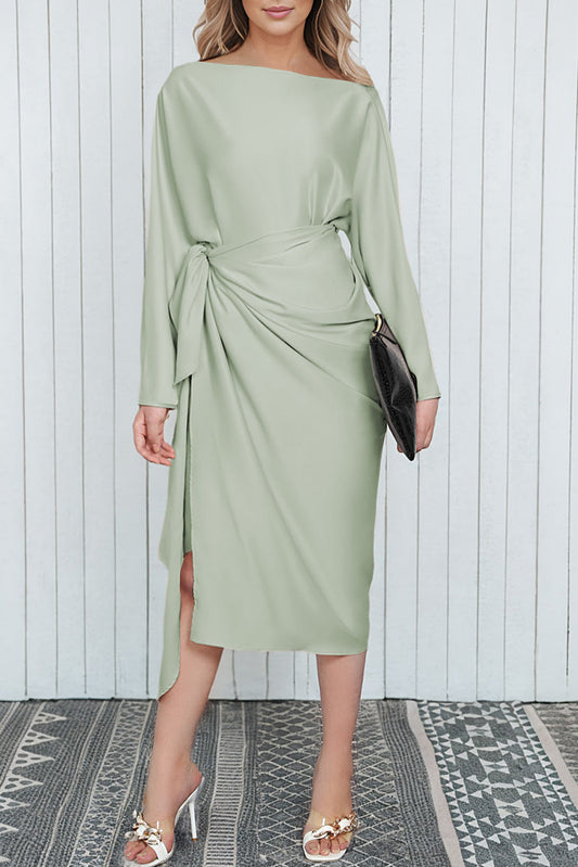 Green Satin Wrap Tie Side Boat Neck Long Sleeve Dress Green 90%Polyester+10%Elastane clothes Day Valentine's Day dress dresses Fabric Satin formal dress formal dresses midi dress midi dresses Occasion Daily Occasion Wedding Print Solid Color Season Four Seasons Style Elegant