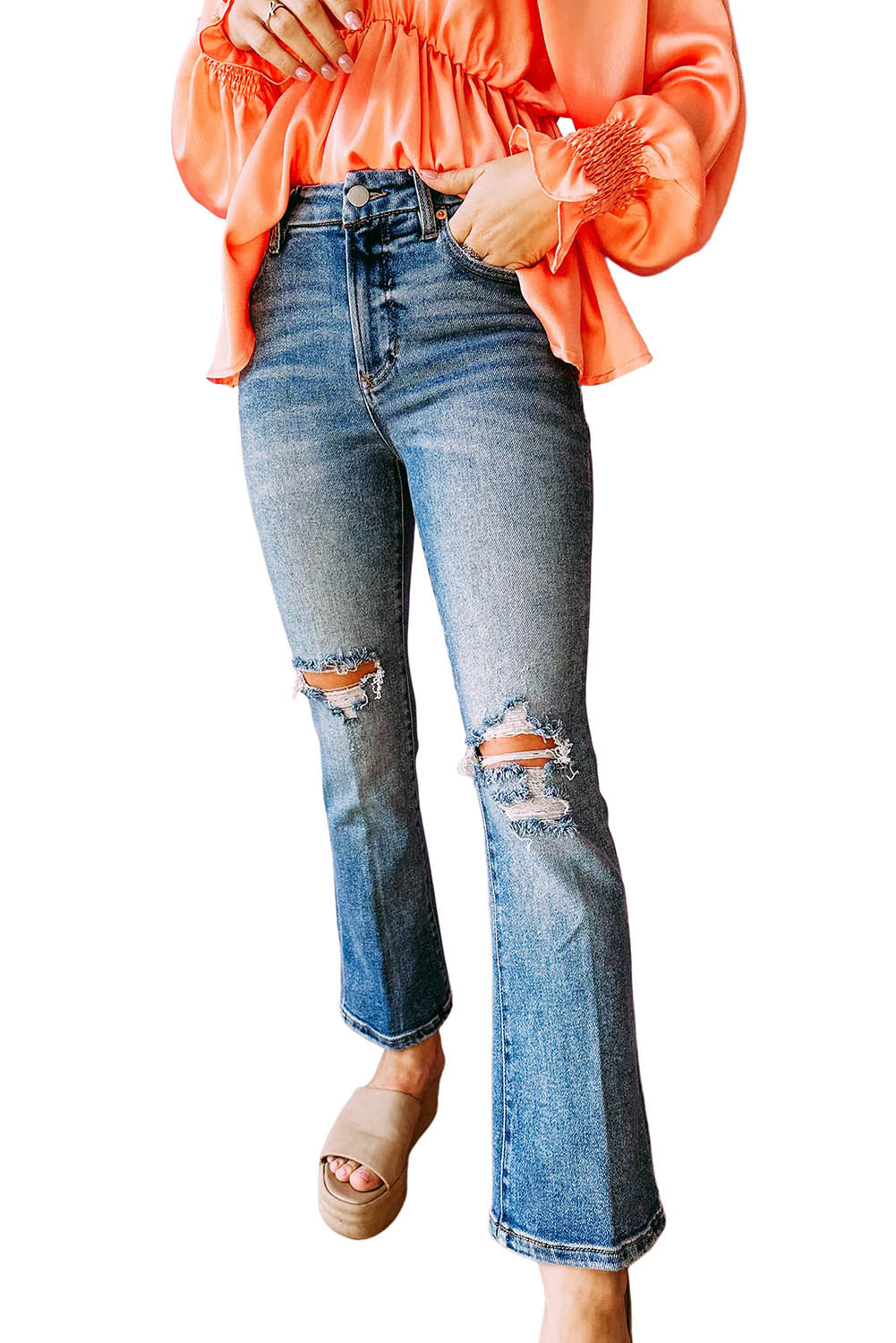 Sky Blue Distressed Ripped Flare Jeans