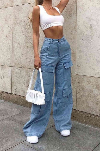 Wide Leg Knee Pocket Denim Blue Jeans