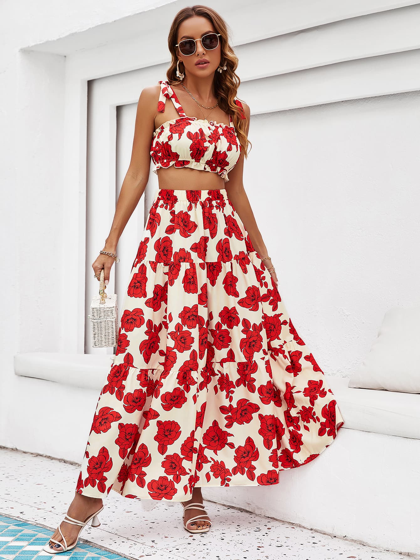 Floral Tie Shoulder Top and Tiered Maxi Skirt Set Deep Red clothes crop top croptop Hanny sets Ship From Overseas Shipping Delay 09/29/2023 - 10/04/2023 skirts trend