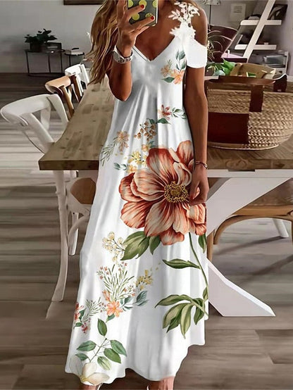 CityHottie - Women's Long Dress Maxi Dress Casual Dress A Line Dress Floral Dress Floral Print Ombre Fashion Casual Outdoor Daily Holiday Cut Out Print Short Sleeve V Neck Dress Regular Fit Light Yellow Black