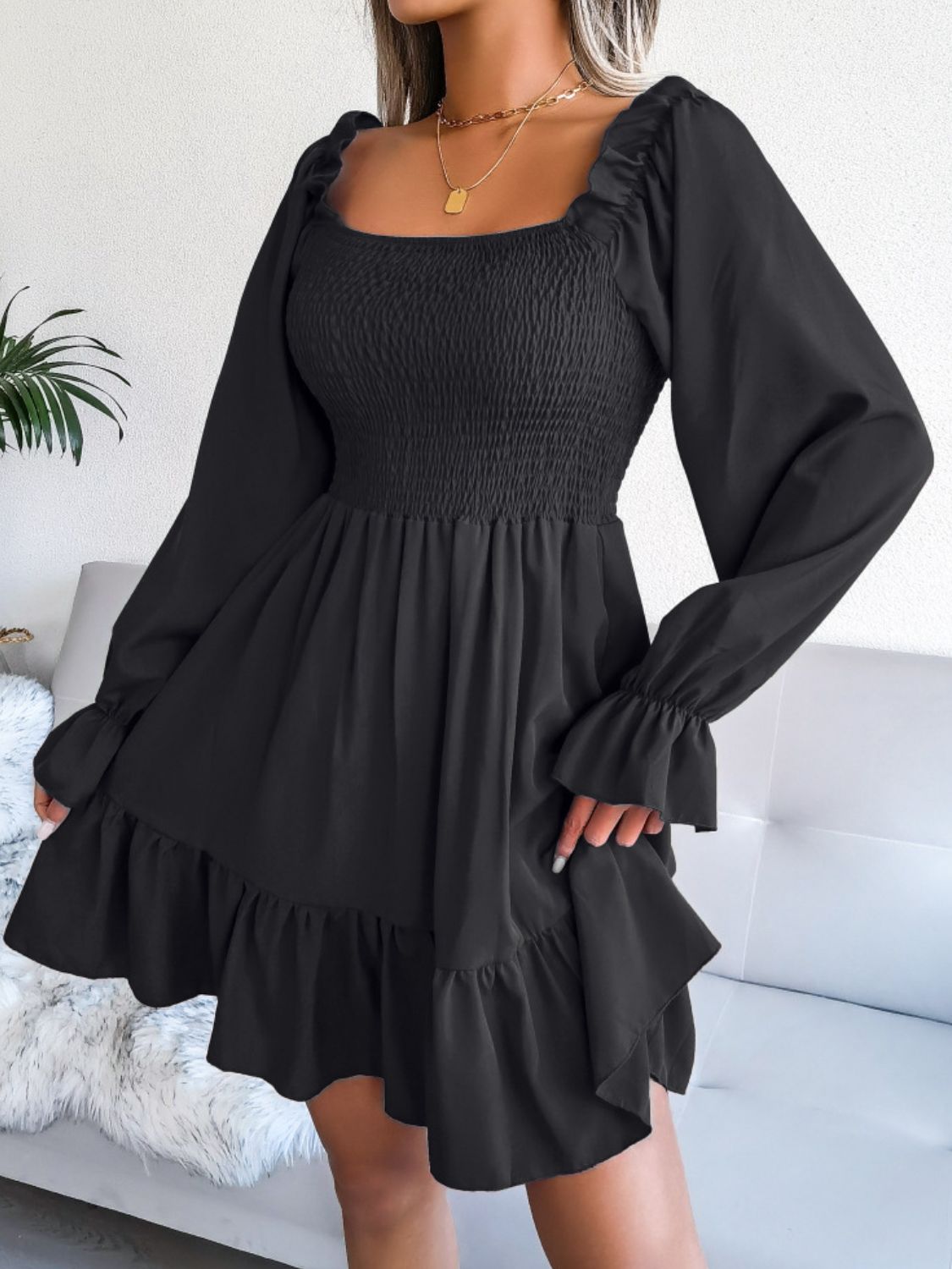 Smocked Flounce Sleeve Square Neck Dress Black B.J.S casual dress casual dresses clothes dresses Hundredth long sleve dresses midi dresses Ship From Overseas trend trends