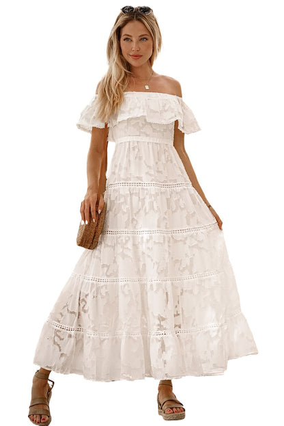 White Off-the-shoulder Ruffled Lace Maxi Dress