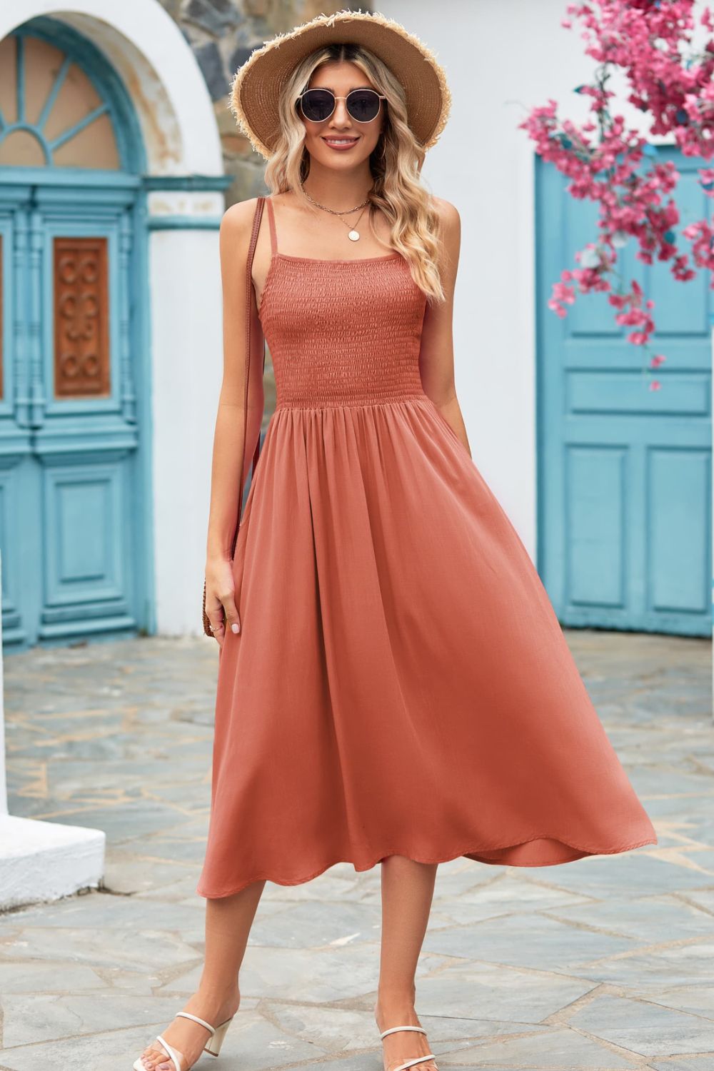 Smocked Spaghetti Strap Midi Dress Brick Red casual dress casual dresses clothes dress dresses Mandy midi dress midi dresses Ship From Overseas