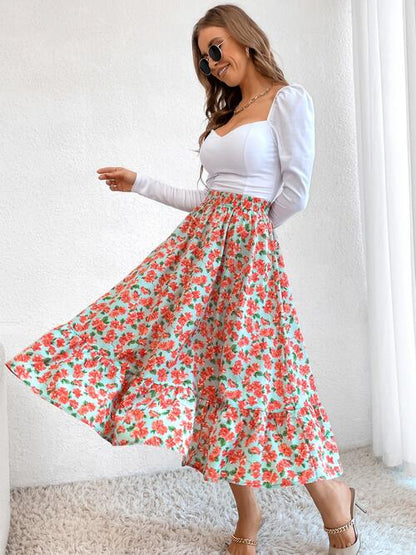 Printed Ruffle Hem Midi Skirt