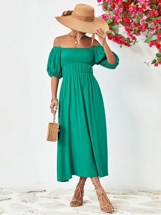 Off-Shoulder Balloon Casual Sleeve Midi Dress Teal casual dress casual dresses clothes midi dress midi dresses Ship From Overseas short sleeve dress short sleeve dresses YO