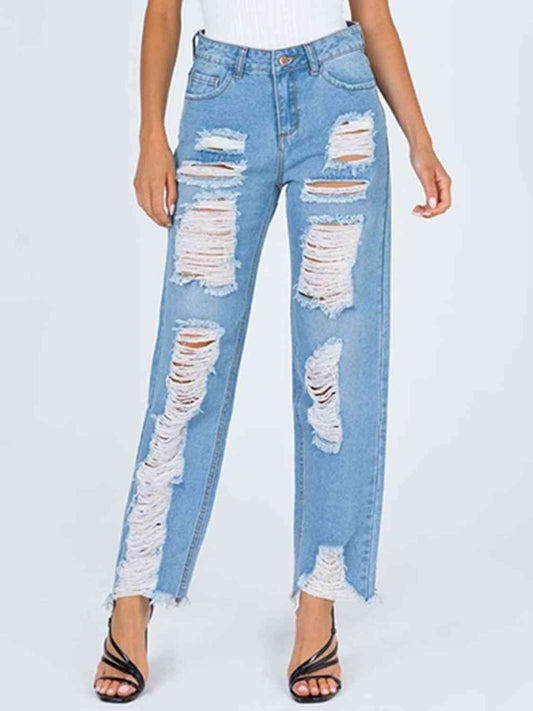 Raw Hem Distressed Straight Jeans Light bottoms clothes Jeans S.S.Ni Ship From Overseas Women's Bottoms