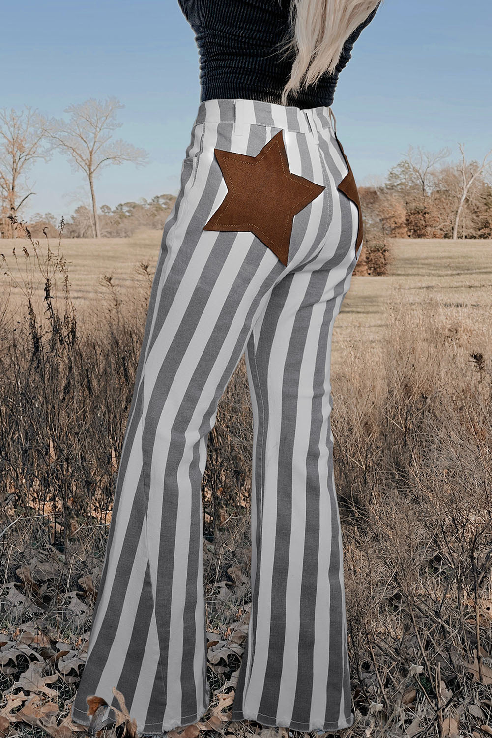 Stripe Star Embellished Western Flare Jeans Stripe 98%Cotton+2%Elastane All In Stock bottoms clothes high waisted wide jeans jeans Occasion Rock & Music Print Stripe Season Spring Style Western