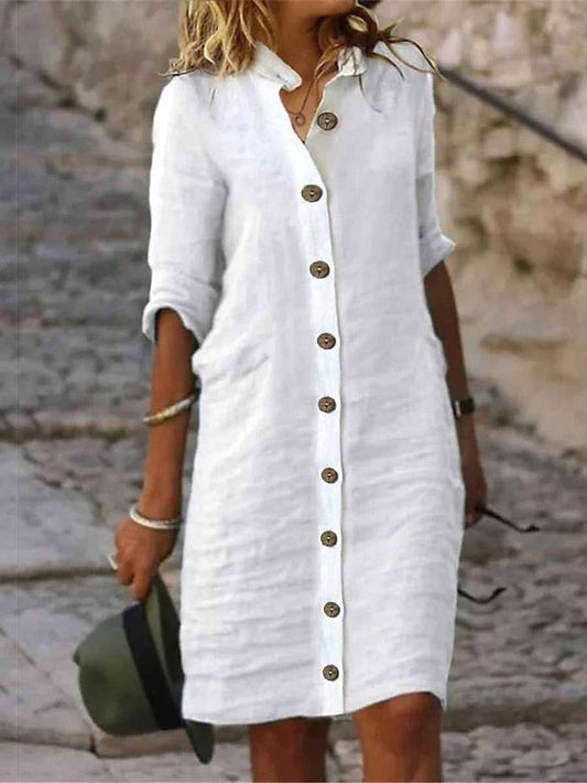 CityHottie - Women's Shirt Dress Casual Dress Cotton Linen Dress Midi Dress Cotton Blend Fashion Basic Outdoor Daily Shirt Collar Button Half Sleeve Summer Spring Fall 2024 Regular Fit Black White Green Plain S M