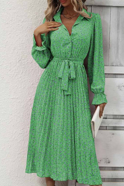 Floral Tie Wasit Long Sleeve Pleated Midi Dress