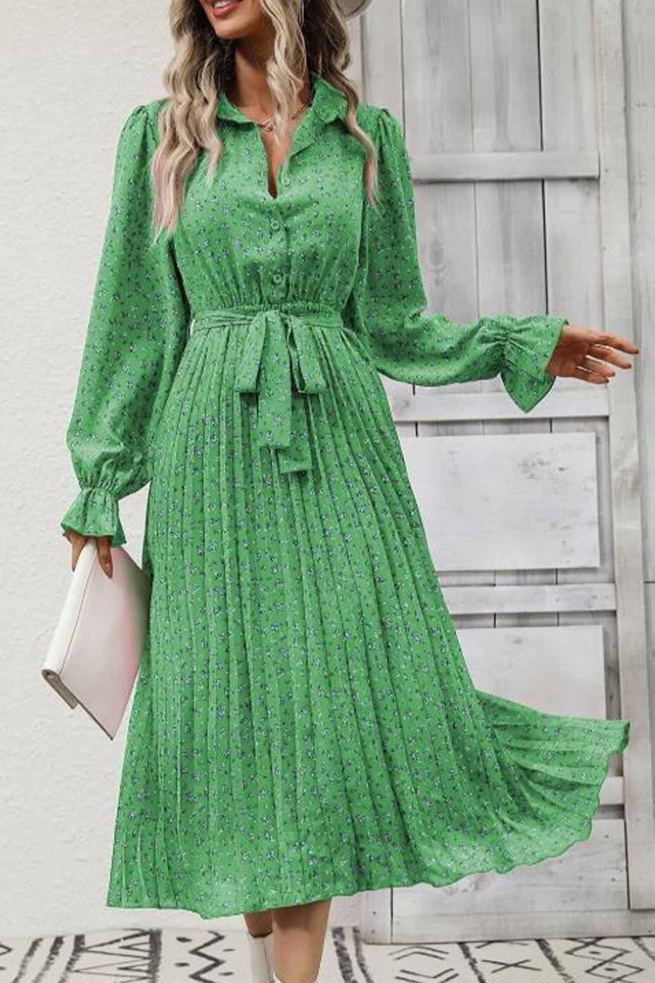 Floral Tie Wasit Long Sleeve Pleated Midi Dress