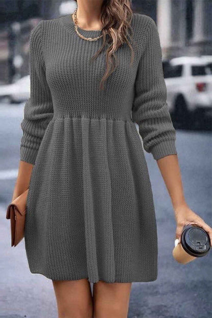 Solid Color Shirring Long Sleeve Knitted Dress