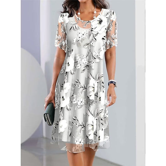 CityHottie - Women's Casual Dress Chiffon Dress Summer Dress Floral Print Crew Neck Midi Dress Fashion Streetwear Outdoor Daily Short Sleeve Regular Fit Gray Summer Spring S M L XL XXL