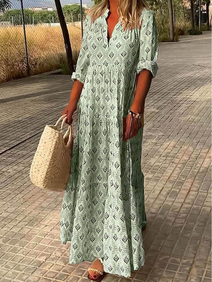 CityHottie - Women's Long Dress Maxi Dress Casual Dress Summer Dress Print Dress Geometric Fashion Streetwear Outdoor Date Vacation Print 3/4 Length Sleeve V Neck Dress Regular Fit Pink Blue Green Summer Spring S