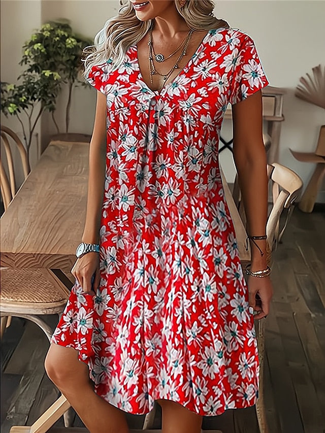 CityHottie - Women's Casual Dress Summer Dress Print Dress Leaf Floral Print V Neck Midi Dress Fashion Modern Outdoor Daily Short Sleeve Regular Fit Black White Yellow Summer Spring S M L XL XXL