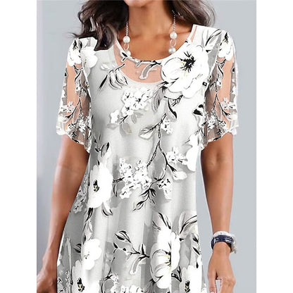 CityHottie - Women's Casual Dress Chiffon Dress Summer Dress Floral Print Crew Neck Midi Dress Fashion Streetwear Outdoor Daily Short Sleeve Regular Fit Gray Summer Spring S M L XL XXL