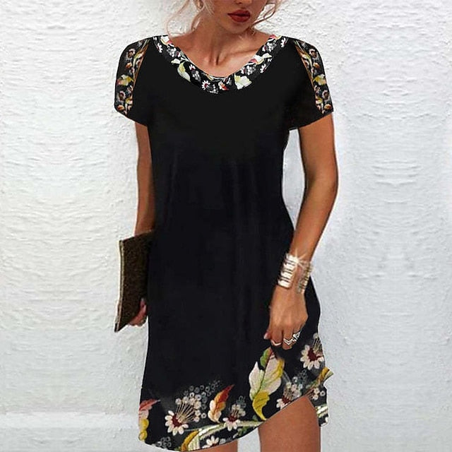 CityHottie - Women's Casual Dress Ethnic Dress Shift Dress Mini Dress Black White Light Green Short Sleeve Floral Print Spring Summer Crew Neck Basic Daily Vacation Loose Fit 2024 S M L XL XXL