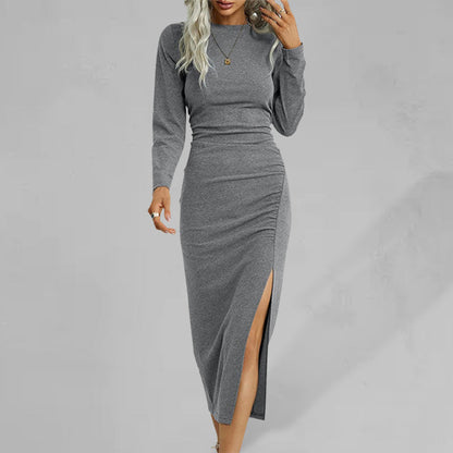 Women's Solid Color Round Neck Slim Long Sleeve Slit Dress Misty grey casual dresses clothes dress dresses long dresses long sleeve long sleeve dress long sleeve dresses long sleve dresses midi dresses