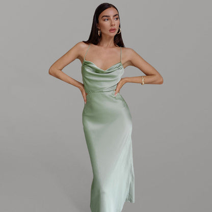 Satin Neck Sleeveless Sleeveless Halter Dress Green clothes dresses midi dresses