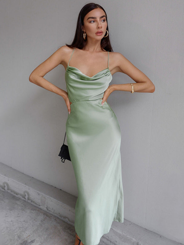 Satin Neck Sleeveless Sleeveless Halter Dress