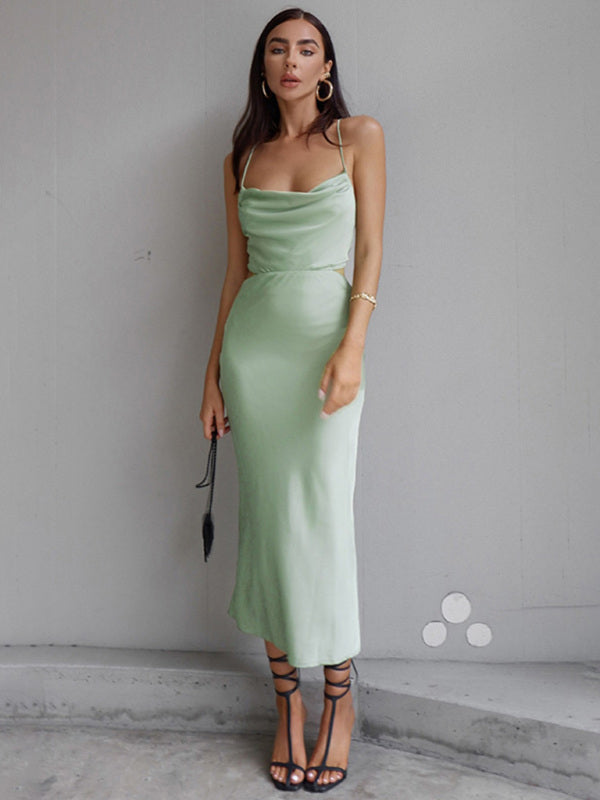 Satin Neck Sleeveless Sleeveless Halter Dress