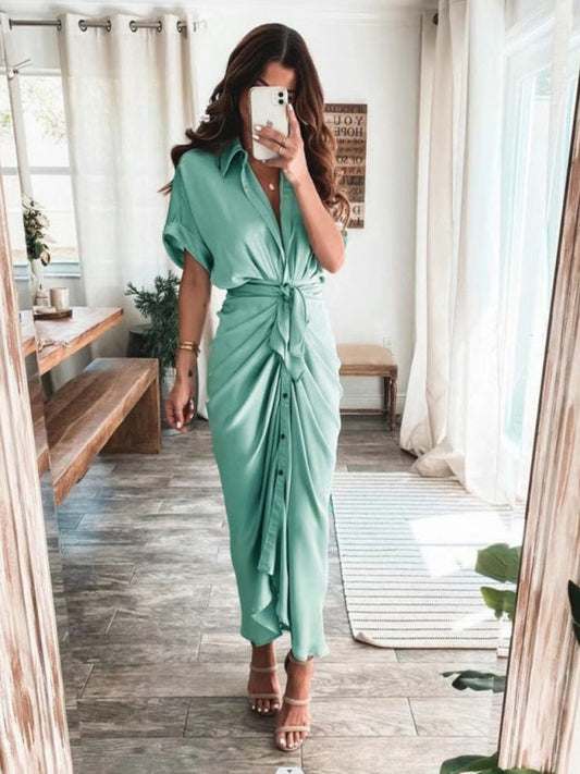 Women's Solid color pleated short sleeve shirt dress Green clothes dress dresses midi dresses