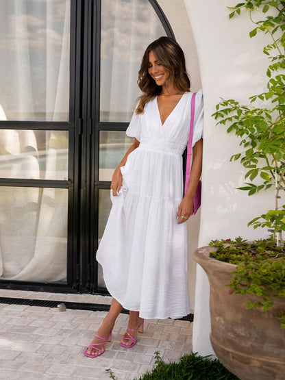 Holiday Vacation Style Deep V Puff Sleeve Maxi Midi Dress