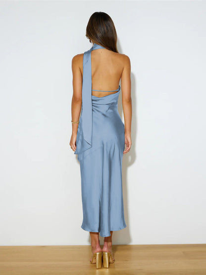 Satin Design Slit Dress Sexy Backless Evening Gown