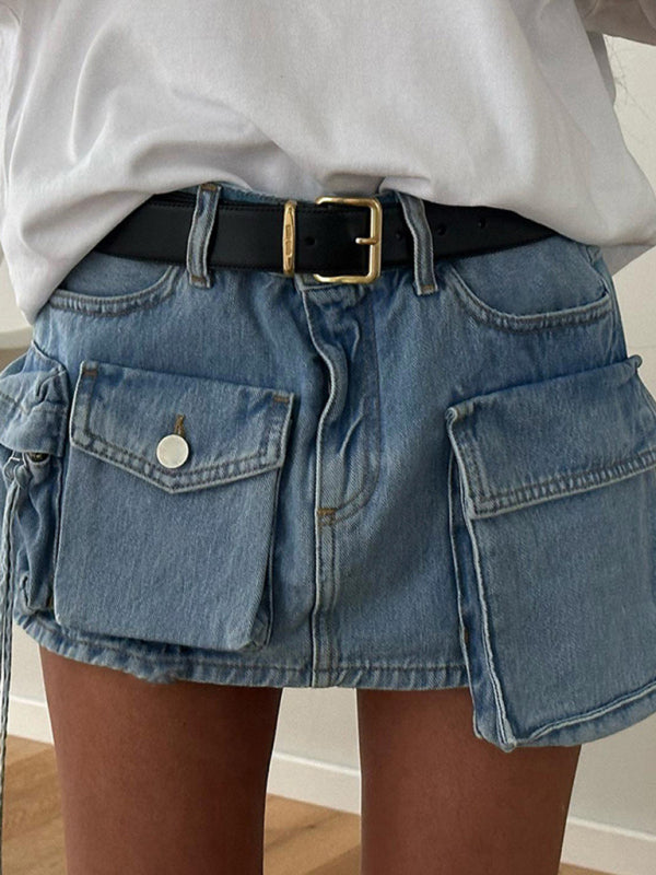Women's Irregular Big Pocket High Waist Zipper Denim Skirt Blue bottoms clothes skirts