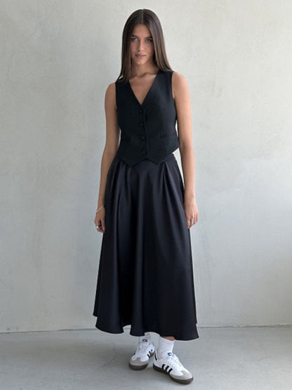 Elegant high-waisted satin satin long skirt Black bottoms clothes skirts