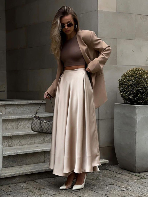 Elegant high-waisted satin satin long skirt Khaki bottoms clothes skirts