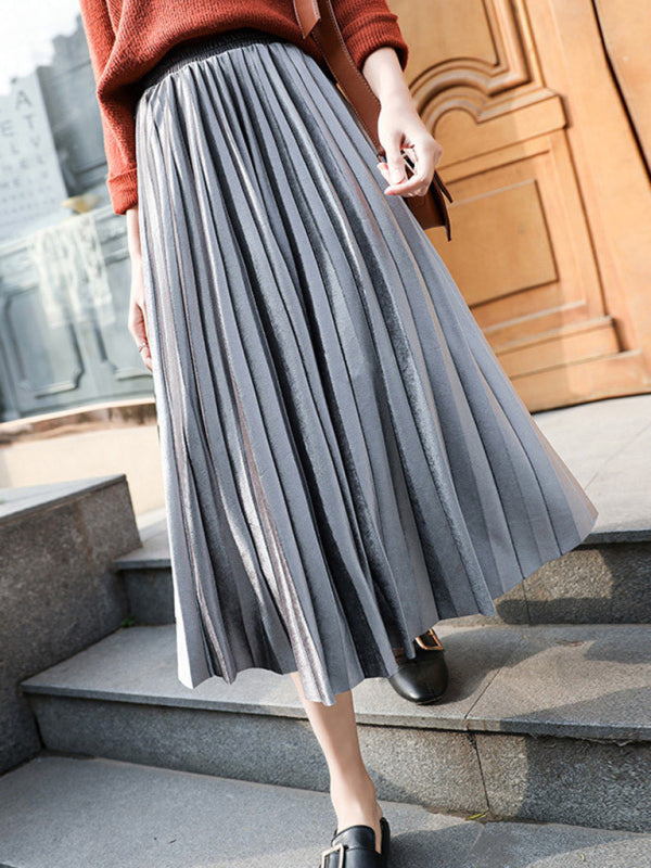 Women's gold velvet pleated skirt with wide hem Grey bottoms clothes skirt skirts
