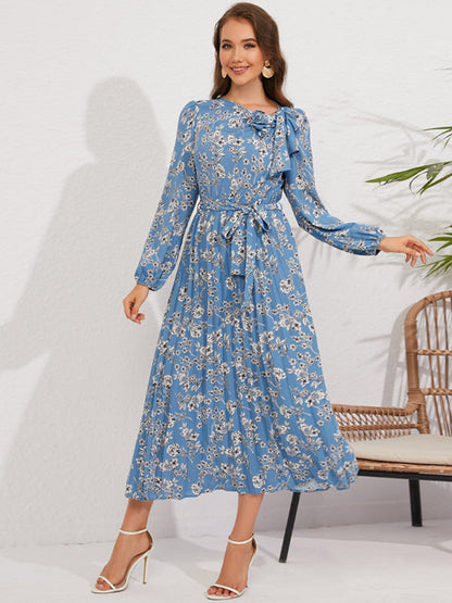 Pleated long-sleeved floral retro bow dress