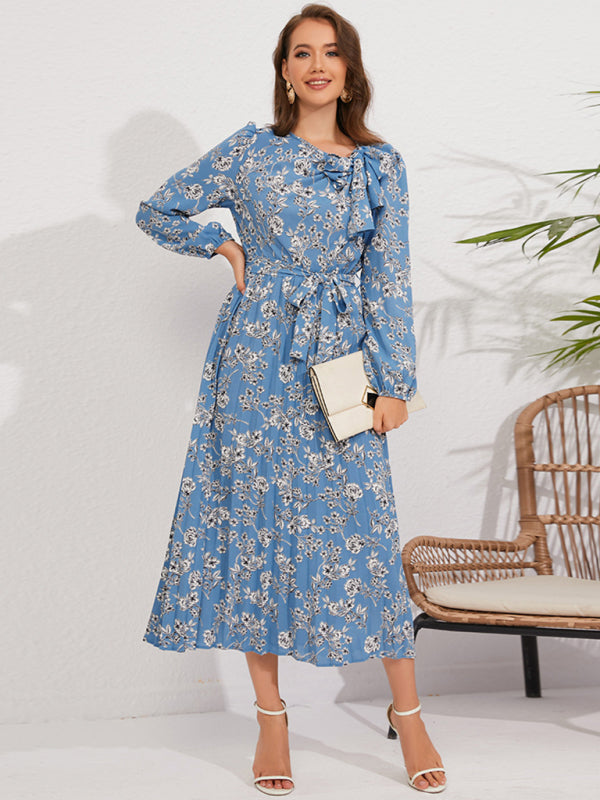 Pleated long-sleeved floral retro bow dress Blue clothes dresses floral dress long sleeve dress long sleeve dresses long sleve dresses midi dresses office dress office dresses Print Floral work dress