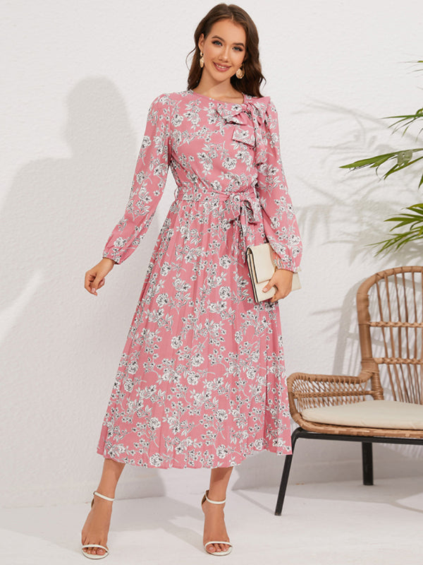 Pleated long-sleeved floral retro bow dress Pink clothes dresses floral dress long sleeve dress long sleeve dresses long sleve dresses midi dresses office dress office dresses Print Floral work dress