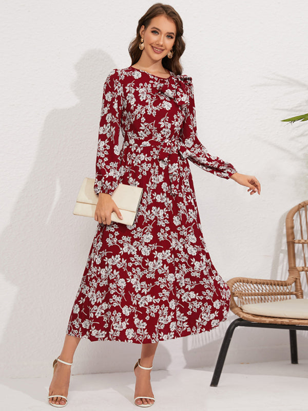 Pleated long-sleeved floral retro bow dress