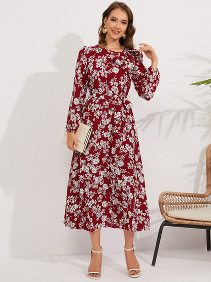 Pleated long-sleeved floral retro bow dress Wine Red clothes dresses floral dress long sleeve dress long sleeve dresses long sleve dresses midi dresses office dress office dresses Print Floral work dress