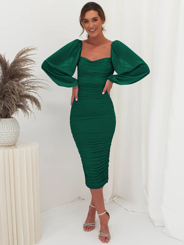 Square neck pleated lantern sleeve slit light Midi dress Green clothes elegant dress Elegant dresses formal dress formal dresses long sleeve dress long sleeve dresses midi dress midi dresses