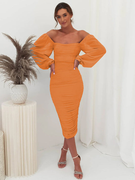 Square neck pleated lantern sleeve slit light Midi dress Orange clothes elegant dress Elegant dresses formal dress formal dresses long sleeve dress long sleeve dresses midi dress midi dresses