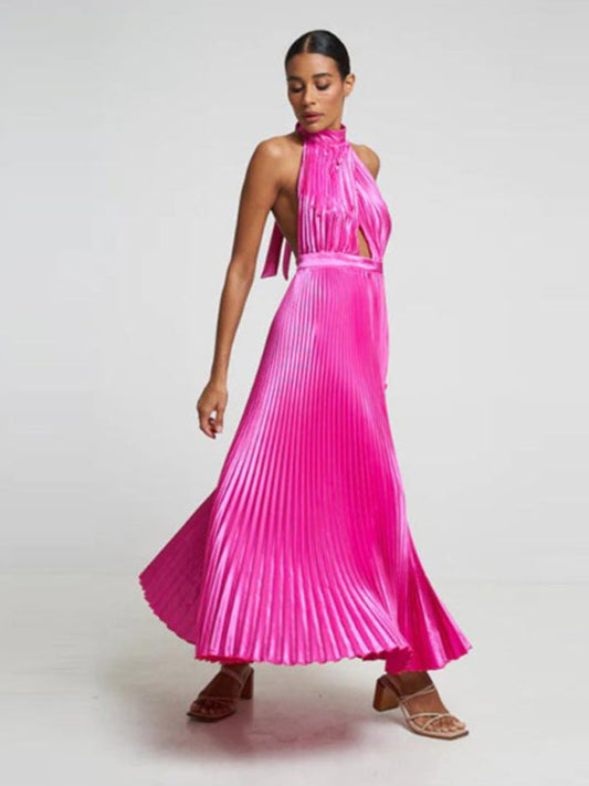 Sleeveless halterneck lace-up slim fit pleated dress Rose clothes dress dresses evening evening dress evening dresses formal dress formal dresses midi dress midi dresses short sleeve dress short sleeve dresses