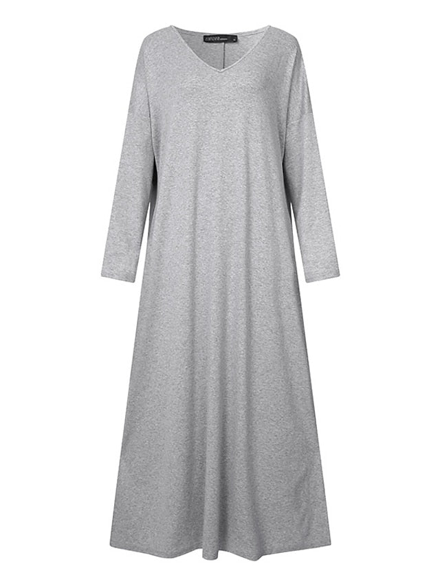 CityHottie - Women's Plus Size Casual Dress Solid Color V Neck Long Sleeve Winter Fall Basic Casual Maxi long Dress Daily Vacation Dress